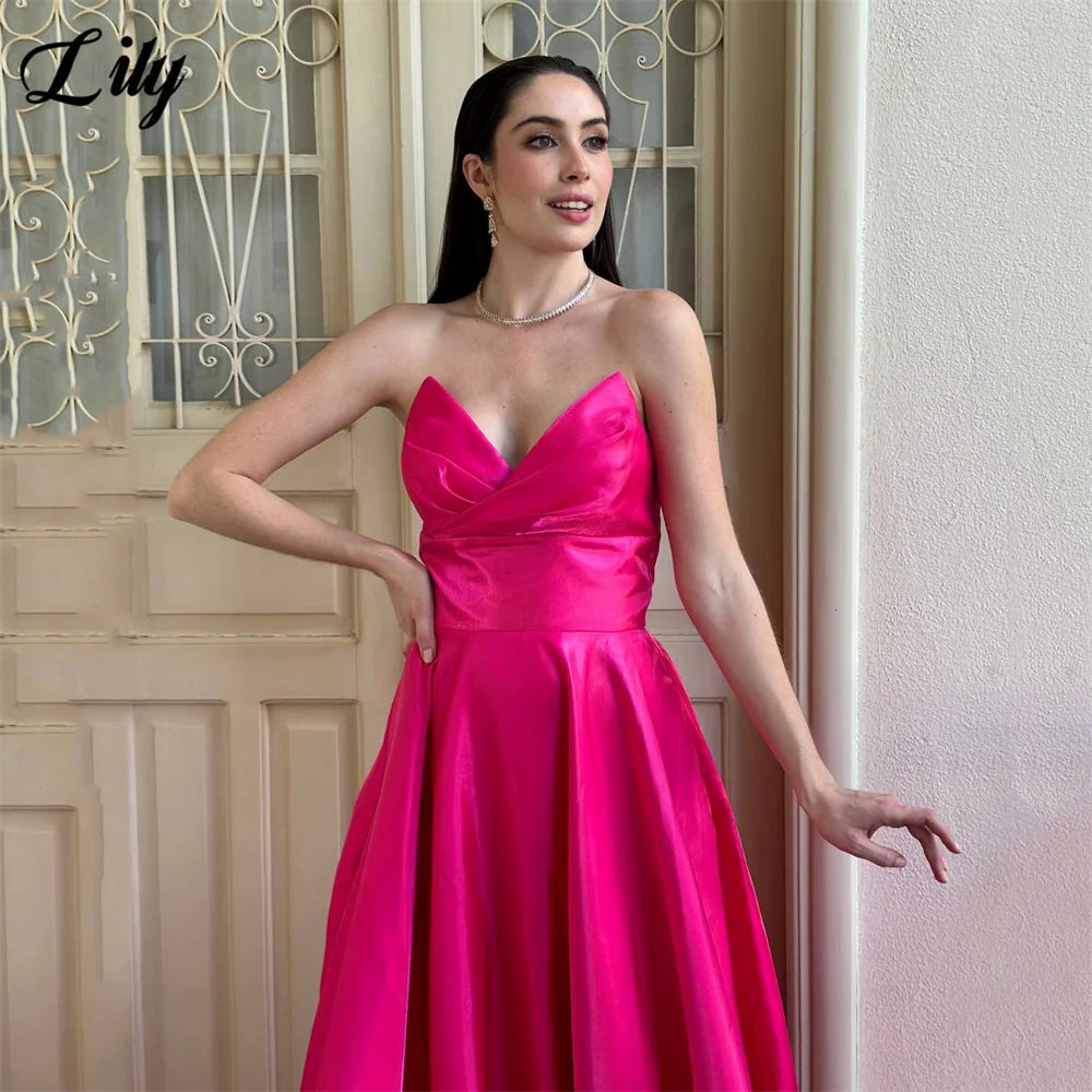 Lily Fuchsia Evening Dress Sweetheart Formal Gown A Line Prom Gown Strapless Night Dresses with Floral robe de bal Customized
