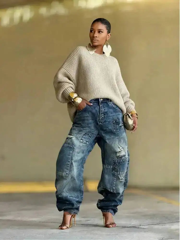 Washed Distressed Patchwork Loose Fit Jeans for Women