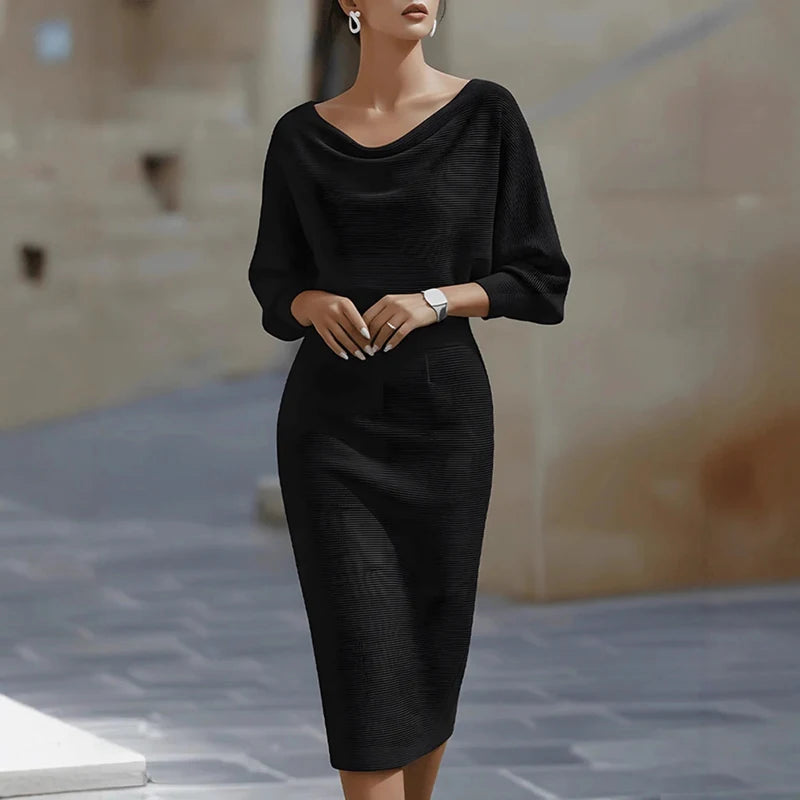 Office Lady Solid High Waist Slim Hips Dress 2026 Spring Sexy O Neck Zipper Slit Party Dresses Autumn Batwing Sleeve Woman Dress