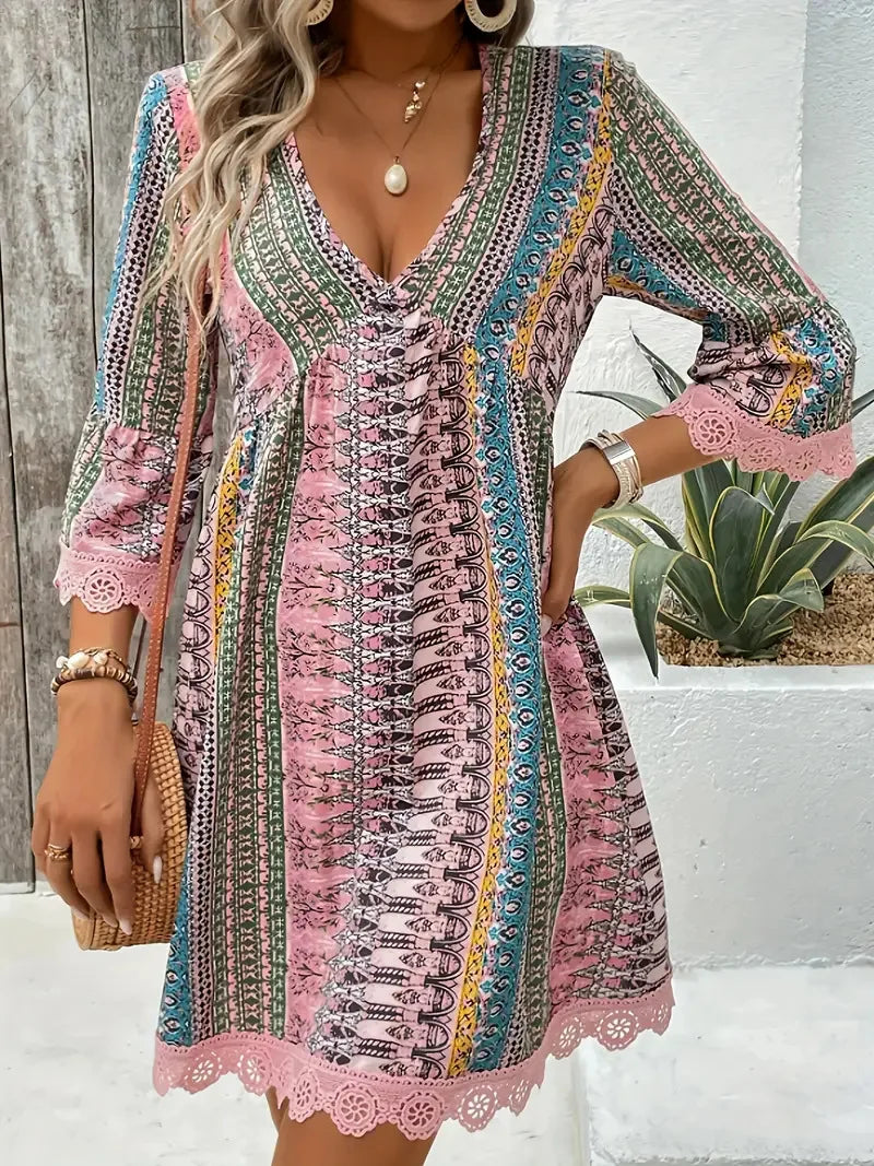 Vintage Floral Print V Neck Long Sleeve Dress For Women