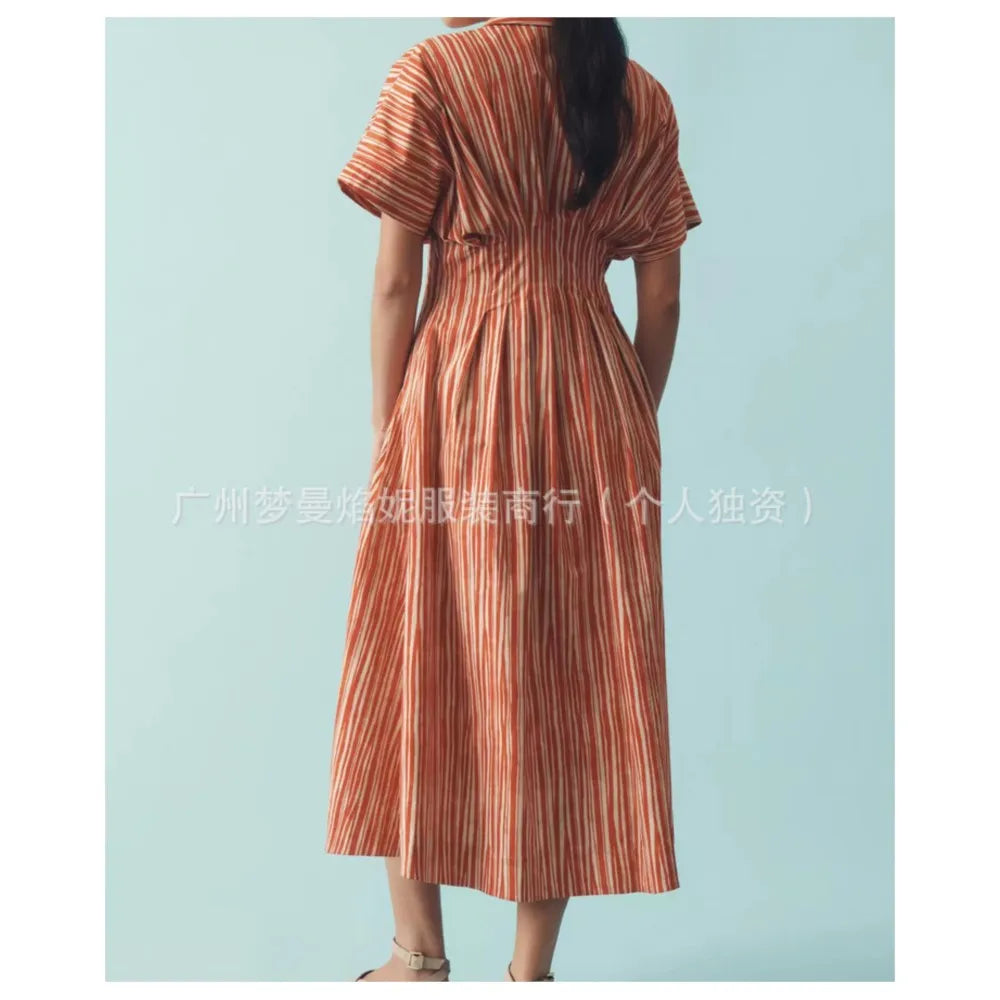 Elegant Striped Print Waist-Hugging A-Line Midi Dress for Women