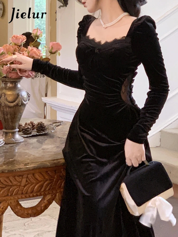 Elegant Gothic Velvet Long Sleeve Midi Dress for Women