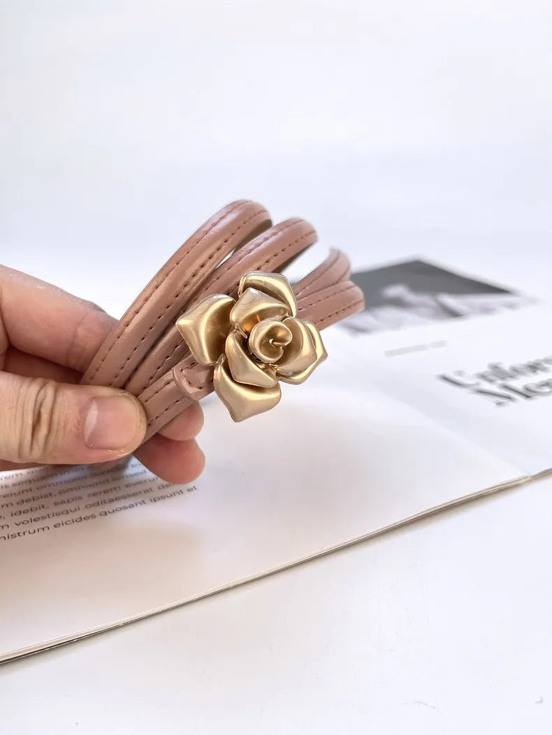 Double Sided Metal Flower Buckle Thin Belt for Women