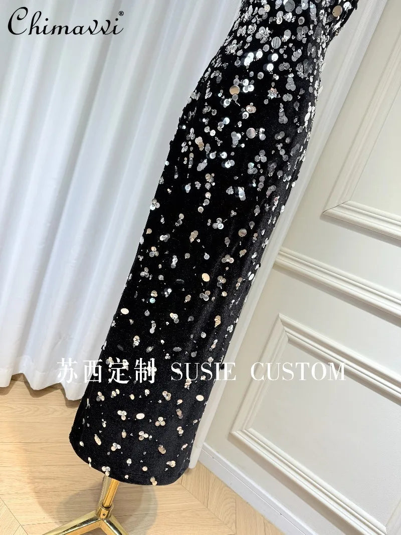 High-End Design Light Luxury Heavy Gradient Beaded Sequin Strap Split Long Dress Women's Birthday Party Elegant Gown Dresses