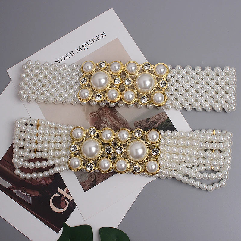 Pearl Embellished Elastic Waist Chain Belt for Women