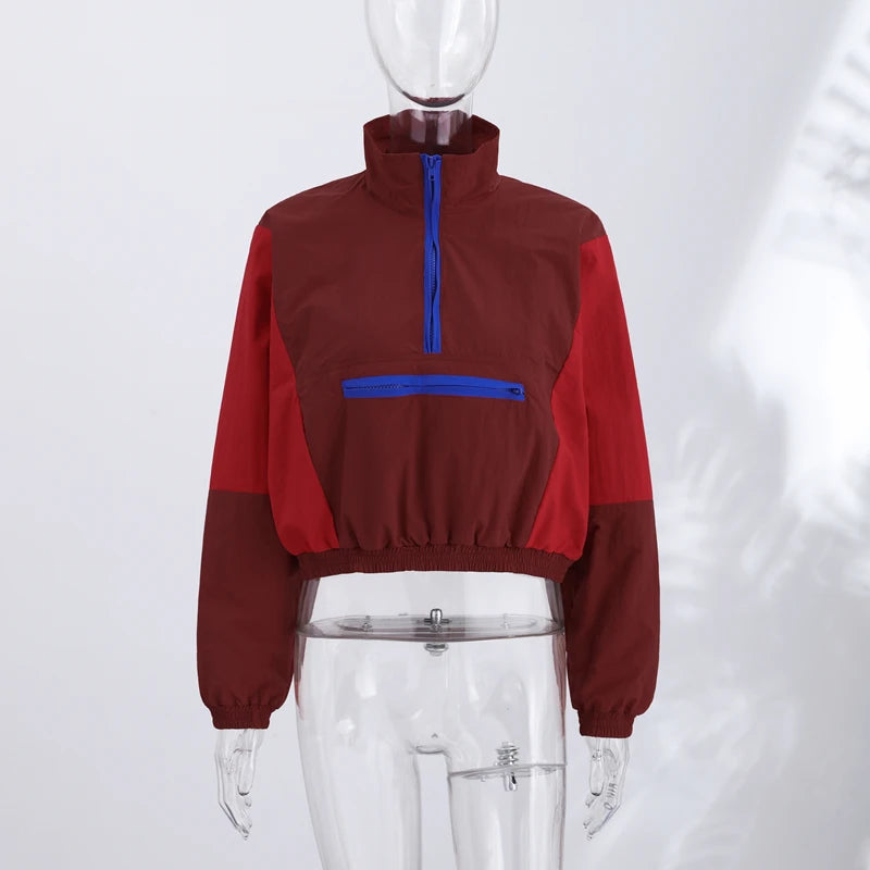 Contrast Half-Zip Stand Collar Short Jacket for Women