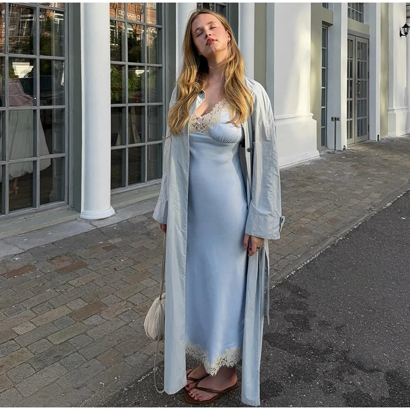 Lapel Collar Button Front Long Trench Coat With Waist Belt for Women