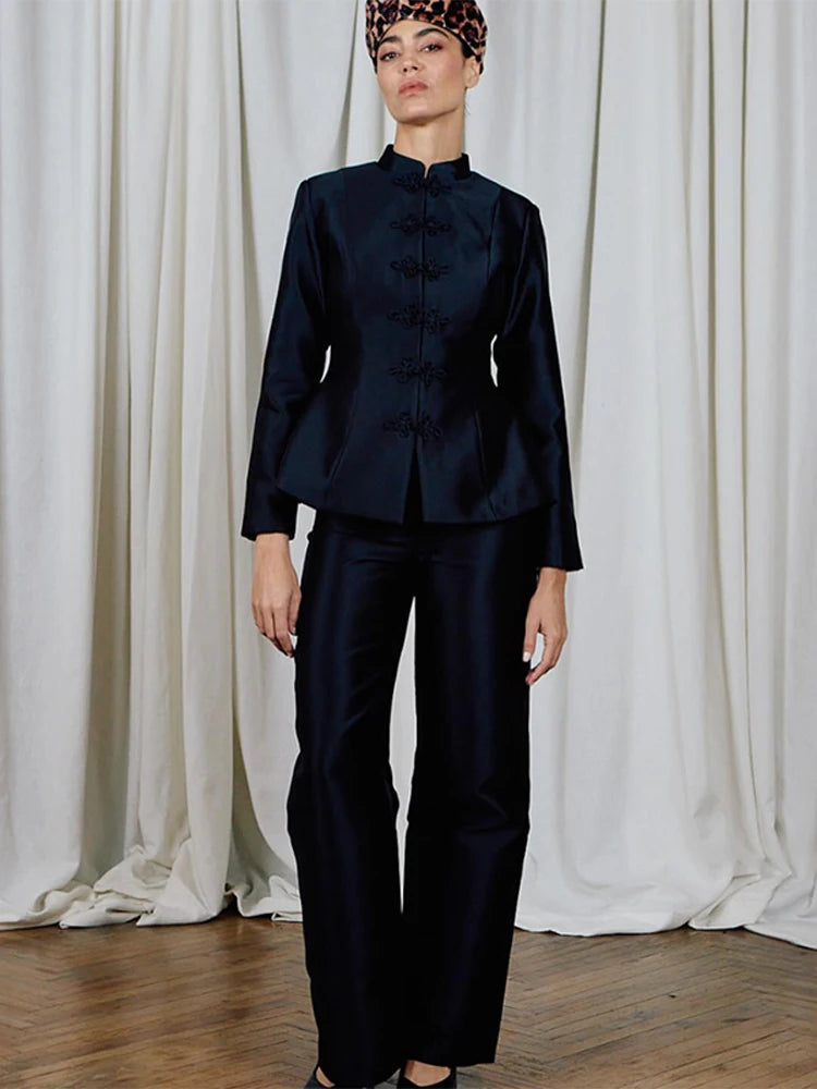 Elegant Satin Frog Button Standup Collar Jacket for Women
