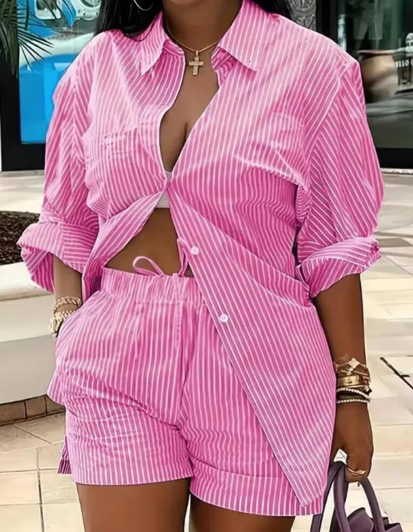 Casual Geometric Print Shirt Shorts Two Piece Set for Women