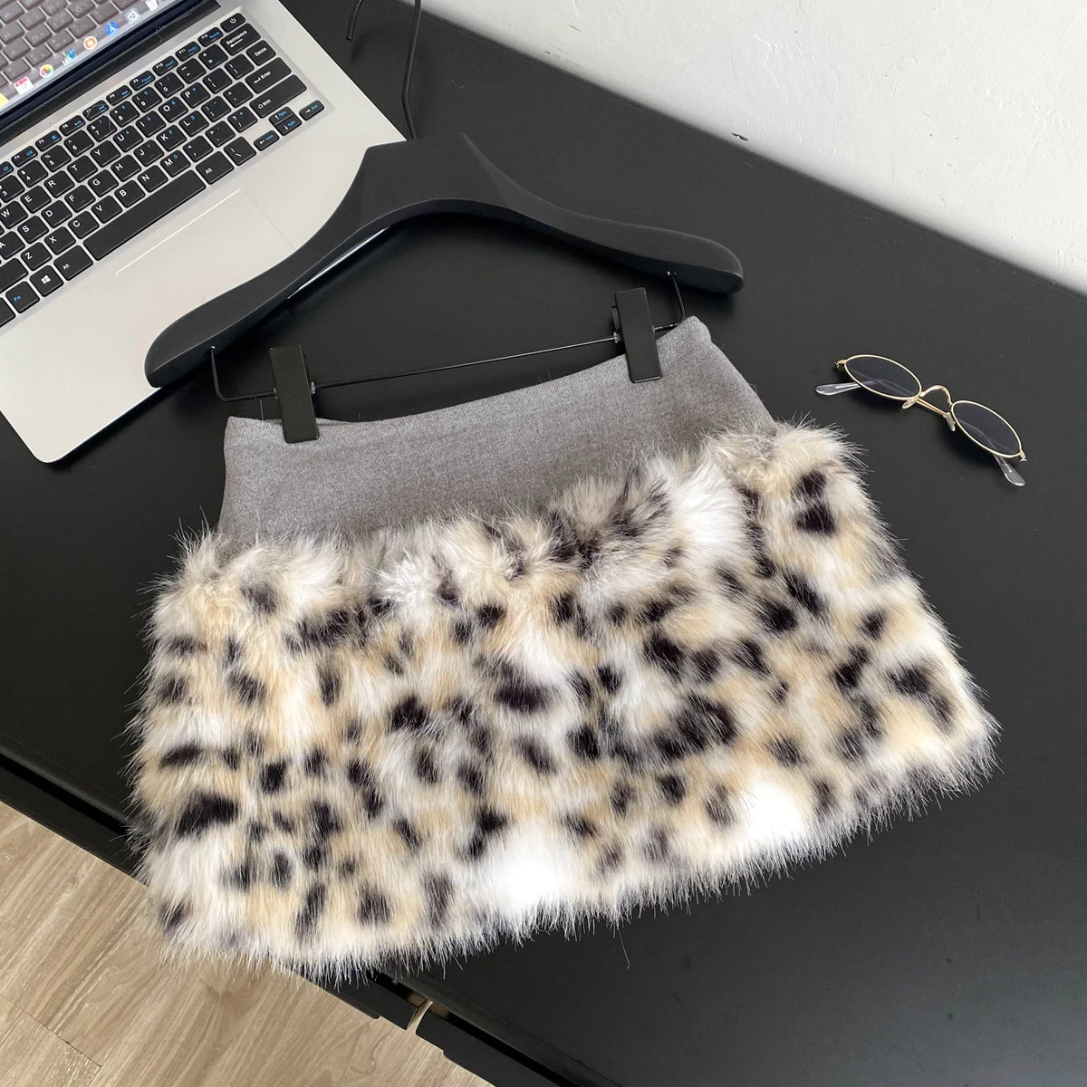 Leopard Print Furry A-Line Mini Skirt With Zipper for Women