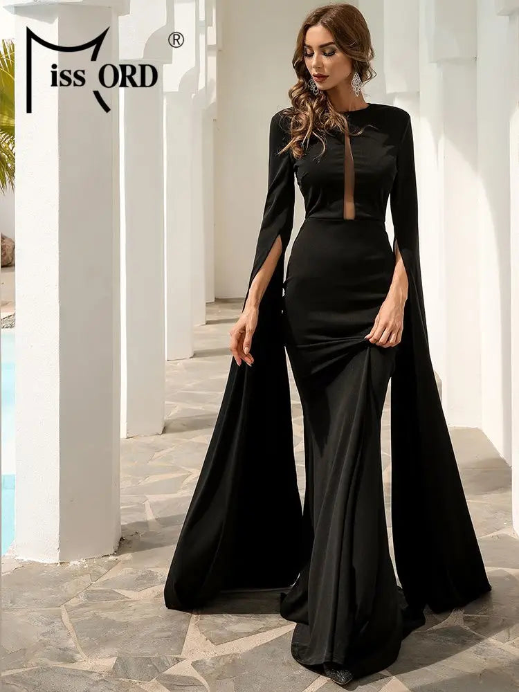 Missord Black Wedding Party Dresses Elegant Women Split Long Sleeve Hollow Out Bodycon Floor Length Evening Dress Lady Maxi Gown