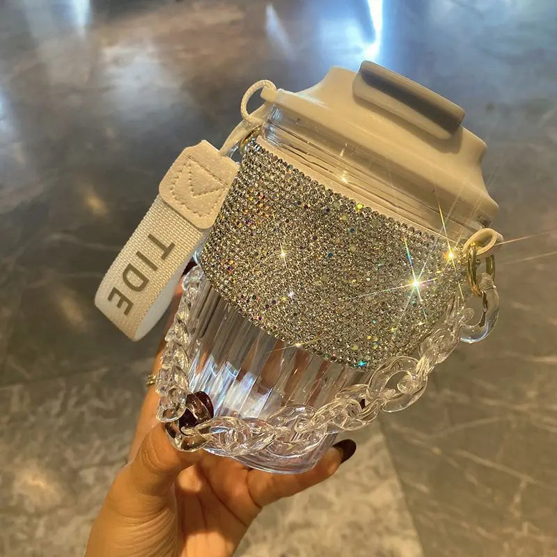 Portable Rhinestone Glass Coffee Cup With Chain for Women