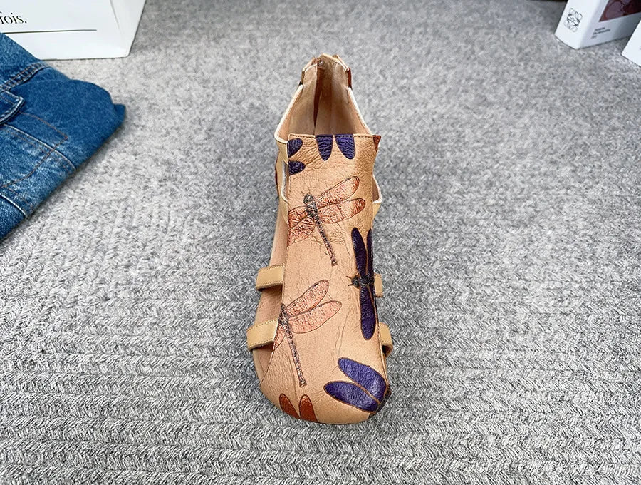 Flat Printed Genuine Leather Roman Sandals for Women
