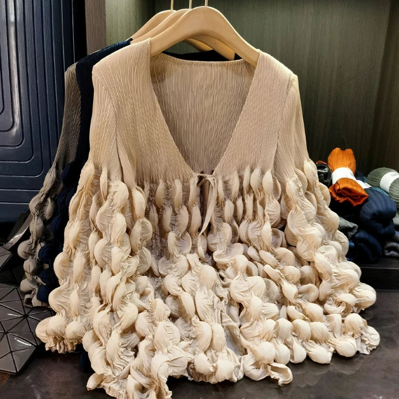 Elegant Lace Up Pleated Long Sleeve Coat for Women