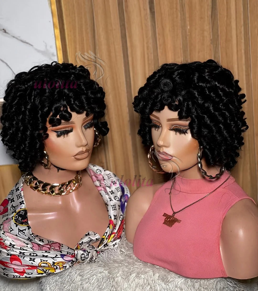 Bouncy Curly Pixie Bob Human Hair Wig With Bangs for Women