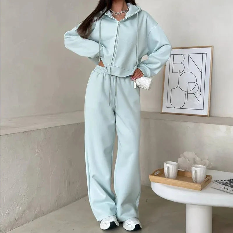 KUCLUT Fashion Sports Suit Long Sleeve Zipper Cardigan Hooded Sweatshirt Drawstring Elastic Trousers Two-piece Set Female 1A717