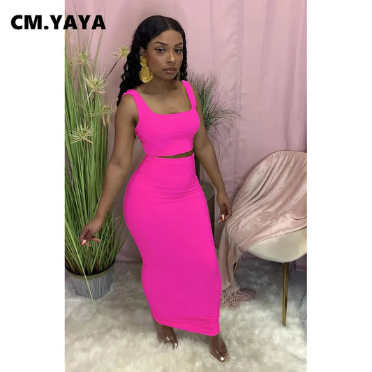 CM.YAYA Women Set Solid Sleeveless Strap Square Collar Crop Tops Stretchy Long Skirts Two Piece Set Sexy Fashion Outfits Summer