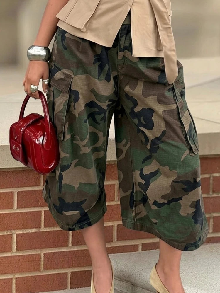 Women Camo Printed Capri Cargo Pants High Waist Loose Wide Leg Casual Streetwear Cropped Trousers