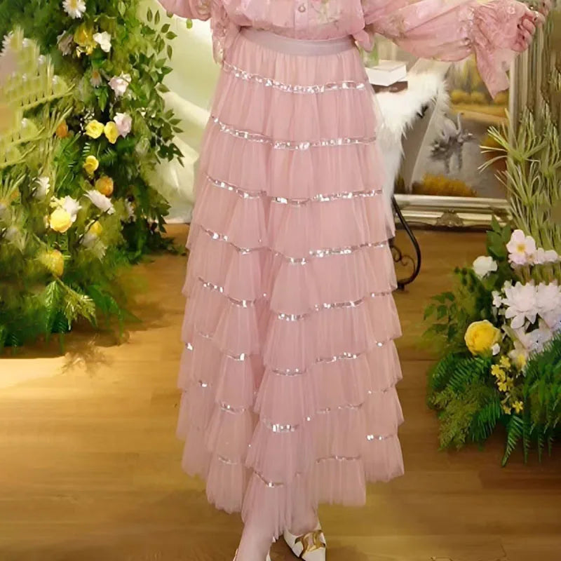 Sequin Layered Mesh High Waist A Line Party Skirt For Women