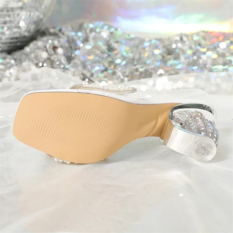White Pearl Beaded Embellished Strappy Sandals for Women