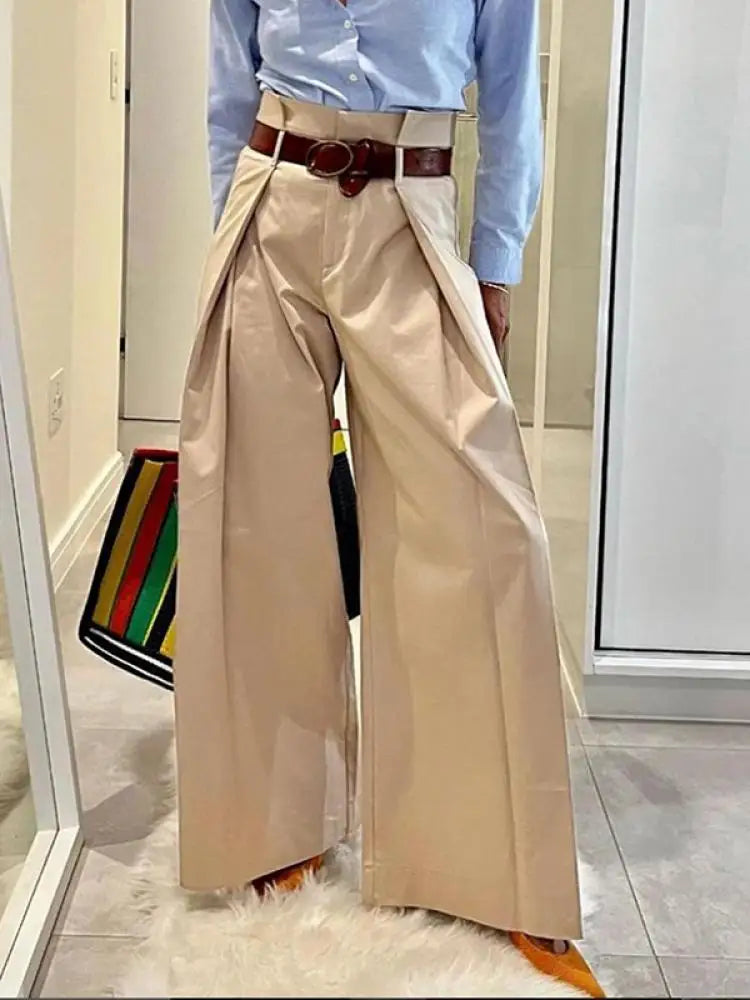 Bonboho Solid Color Cotton Blended Pants for Urban Female High Waist Folded Wide Leg Trousers Women's Loose Fit Casual Pants