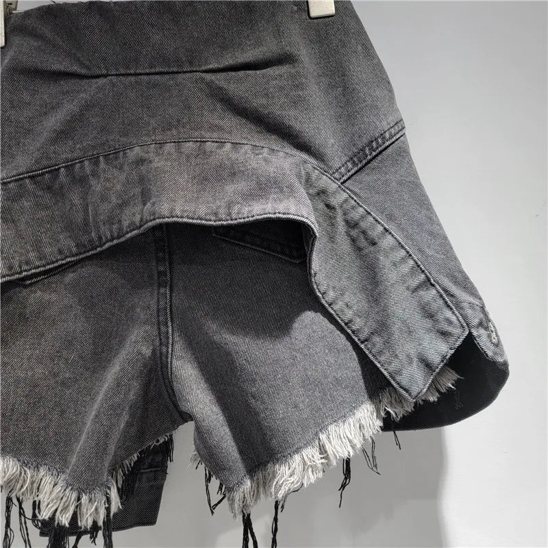 YEAE Fashion Women's Irregular Bandage Fake Two-piece Denim A-line Shorts Trendy 2025 Summer Wide Leg Hot Pants Female