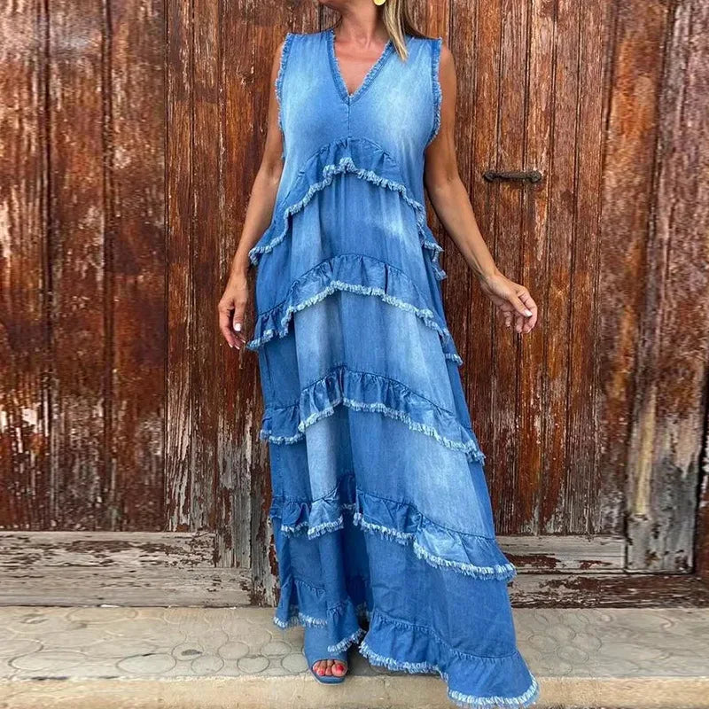 Solid Color V-Neck A-Line Ankle Length Dress for Women