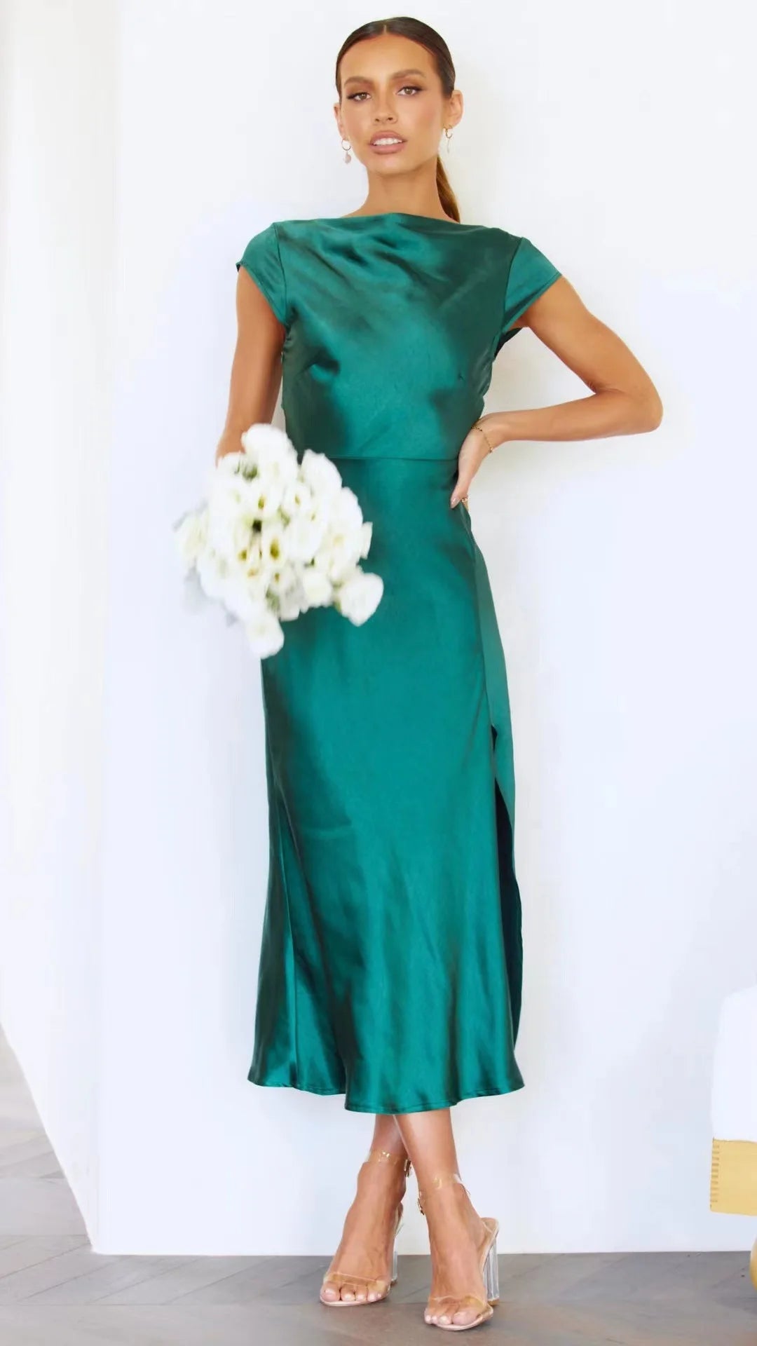 Elegant Solid Color Satin Slim Backless Slit Dress for Women