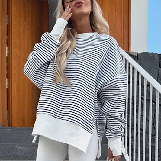 Casual High Street Long Sleeved Loose Hoodie Women's Fashion Patchwork Sweatshirt Top New 2025 O Neck Striped Printed Pullover