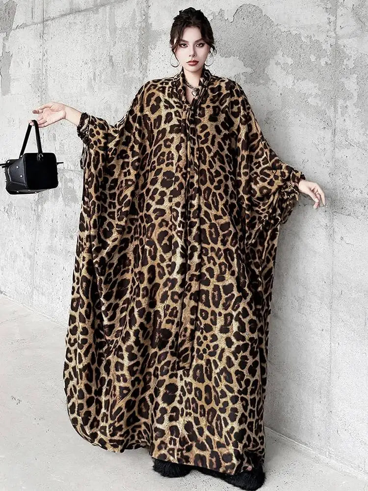 Leopard Print V-Neck Long Sleeve Midi Dress for Women