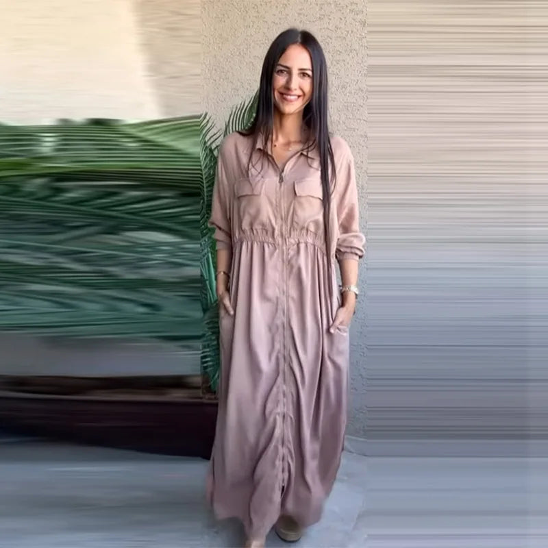 Women's Fashion Zipper Waist Long Dress Casual Solid Laple Full Sleeve A-line Long Robe Lady 2025 Autumn Chic Loose Streetwear