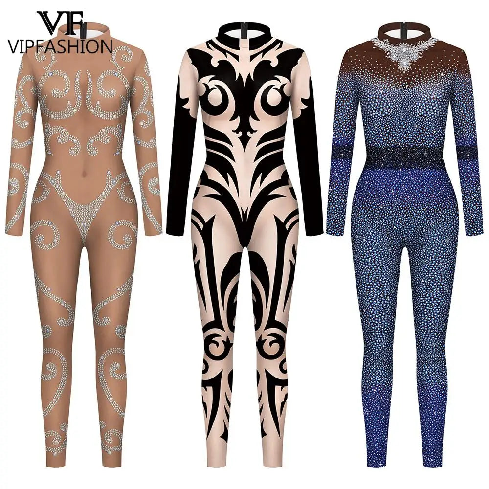 Elegant Skin Color Rhinestone Print Jumpsuit for Women