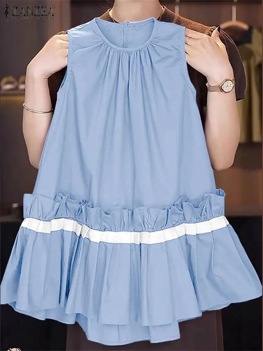 ZANZEA Women Solid Mini Dress Fashion Rufffled Stitching Pleats Vestidos 2024 Summer Sleeveless Tank Robe Casual O-neck Sundress