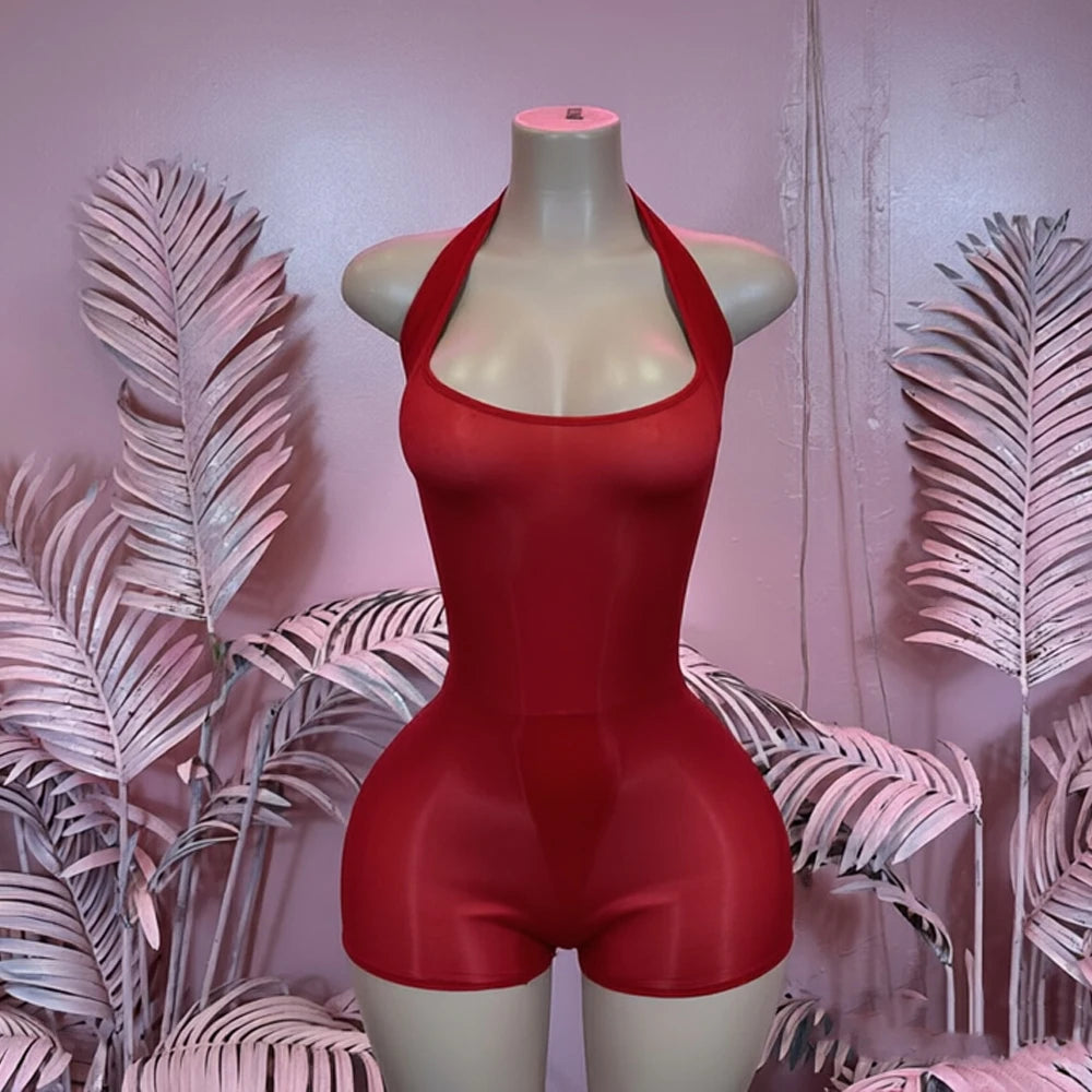 Glossy Stretch Sleeveless One Piece Short Romper for Women