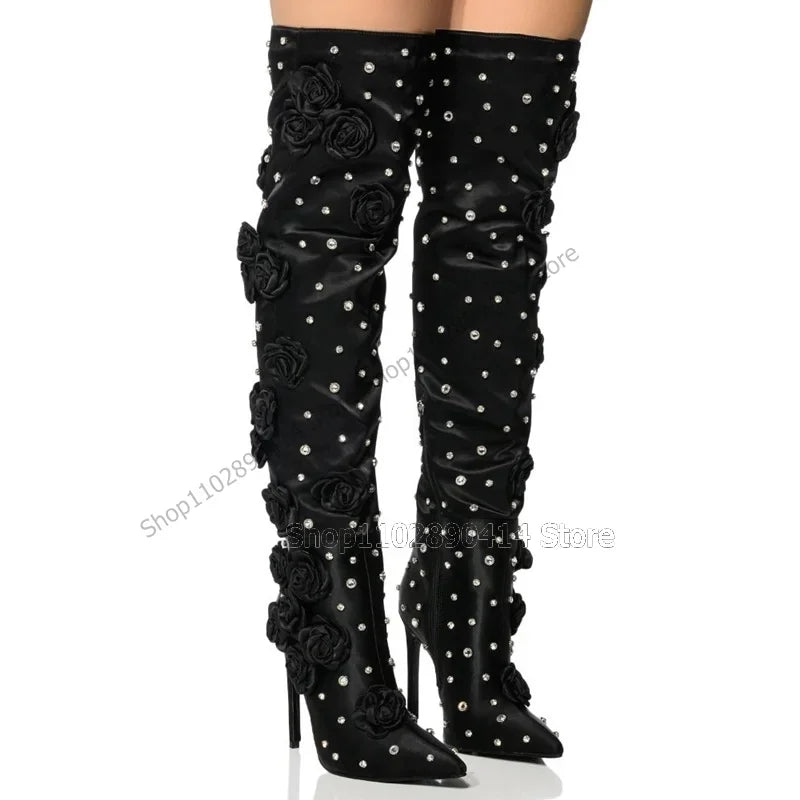 Black Silk Floral Applique Crystal Pointed Toe Thigh High Boots For Women