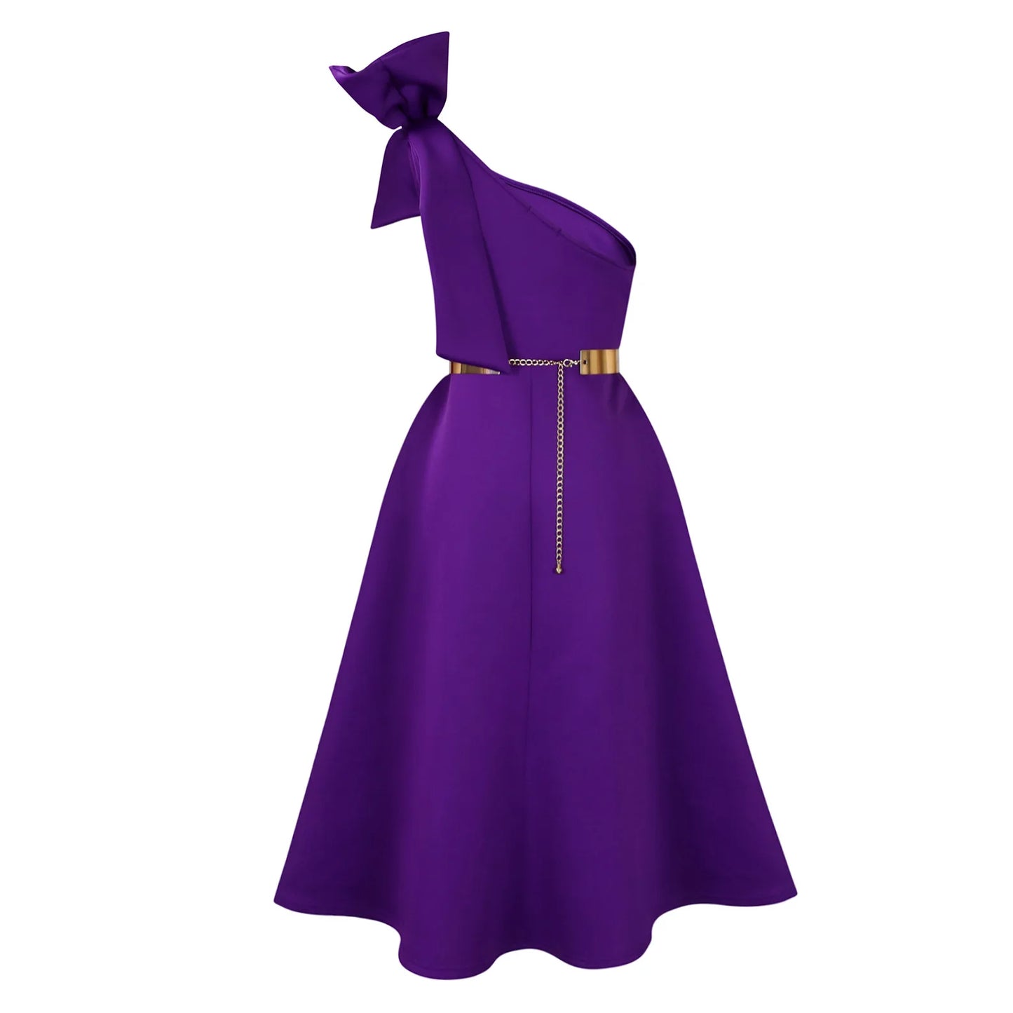 Dress One Shoulder A Line Pleated Knee Length Sleeveless Bow Belt Elegant Party Style