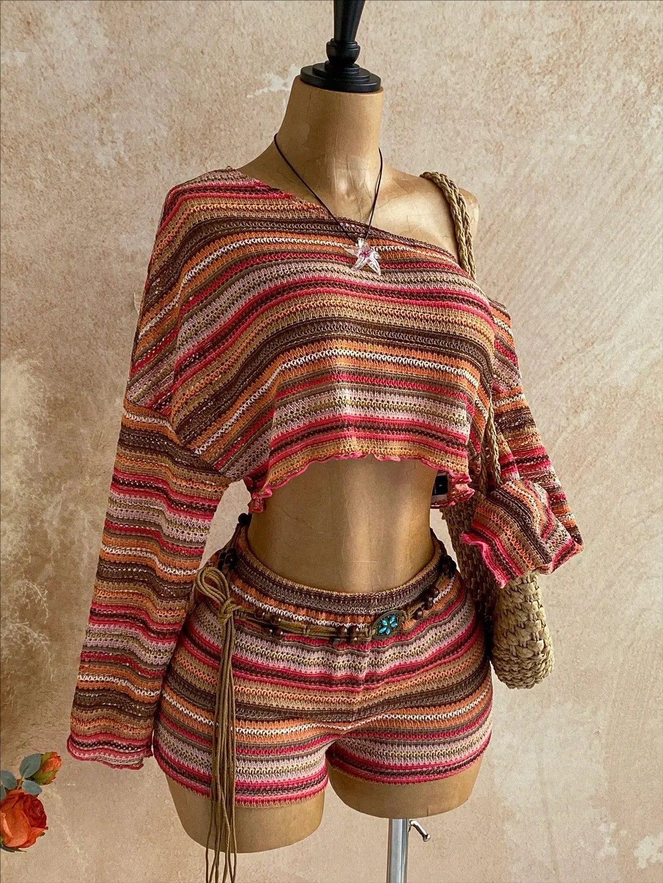 Slanted Shoulder Knit Two Piece Shorts Set for Women