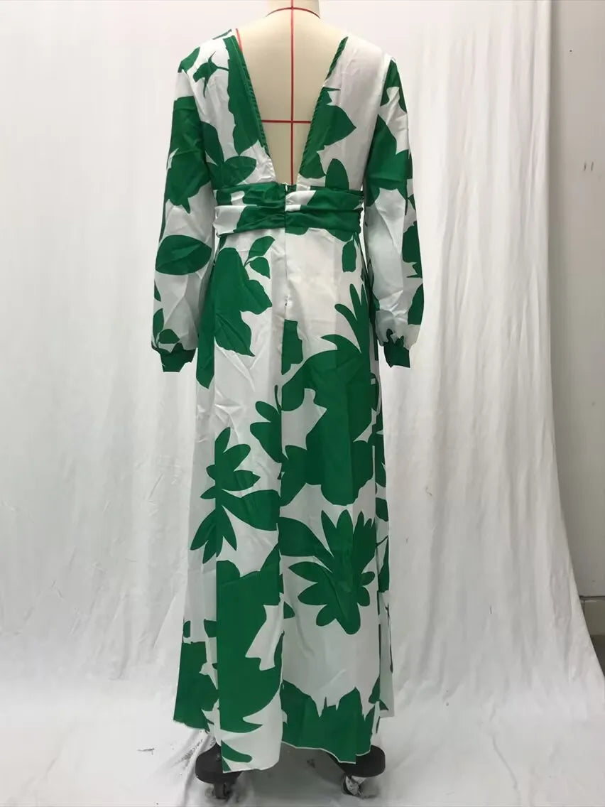 Printed Dress For Women V-neck Sexy High Waist Lantern Sleeve Ladies Fashionable Vestidos Autumn New Long Evening Dresses