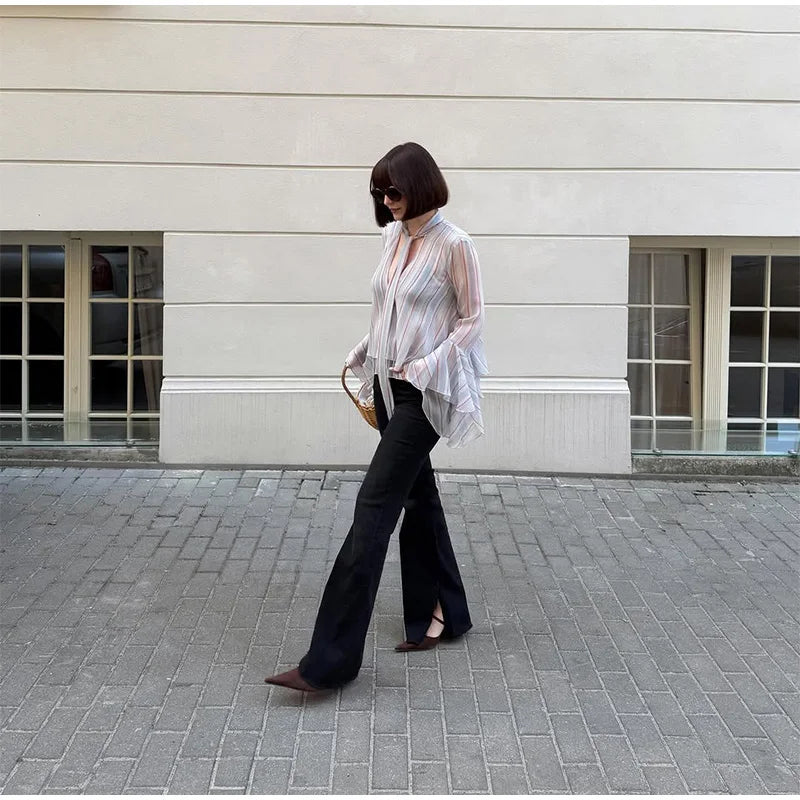 Casual Striped Long Flare Collar Cascading Ruffle Shirt for Women