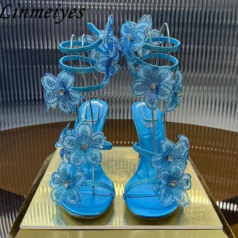 Rhinestone Flower Embellished Wedding High Heel Sandals for Women