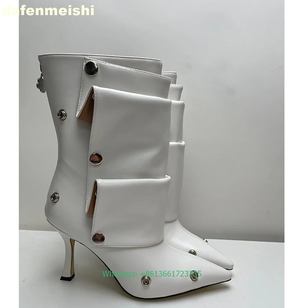Pleated Stiletto Pointed Toe Leather Ankle Boots With Rivet Buckle For Women