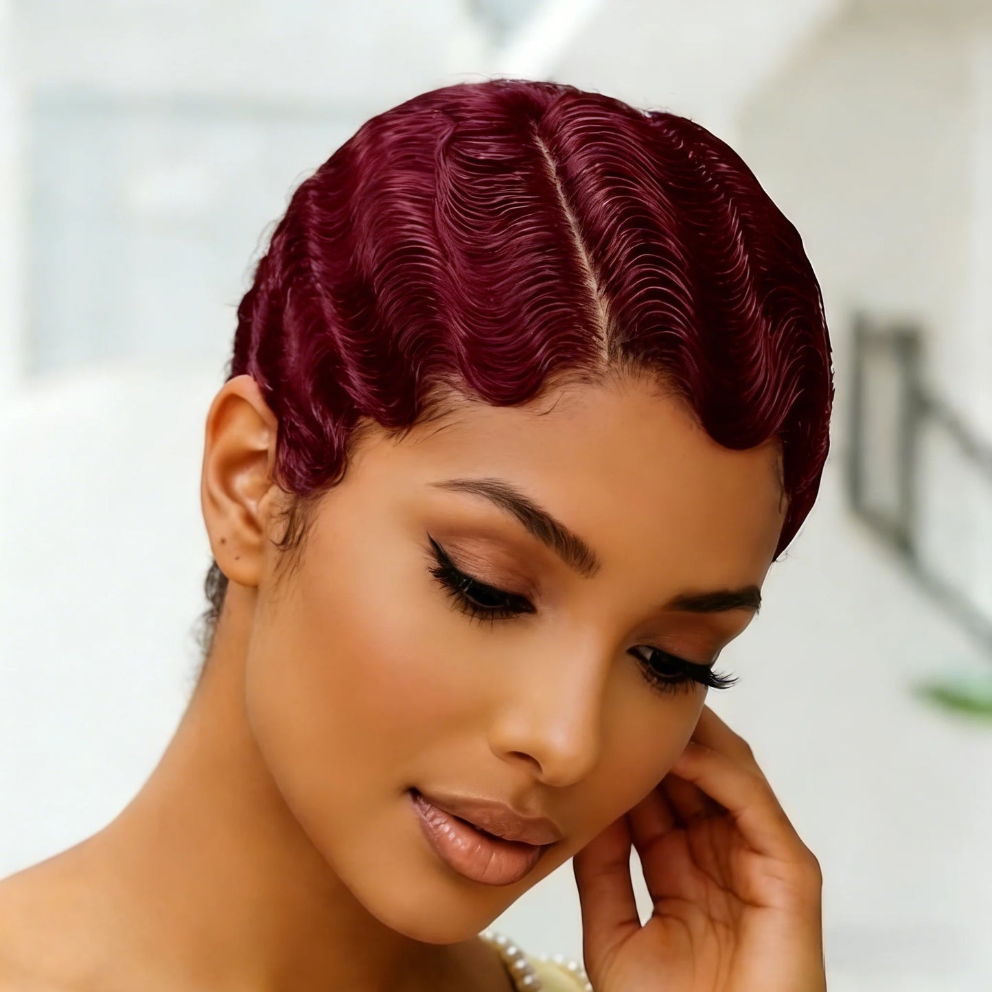13X4 Lace Front Wig Brazilian Human Hair Finger Wave Short Pixie Cut Wig for Women 180% Density
