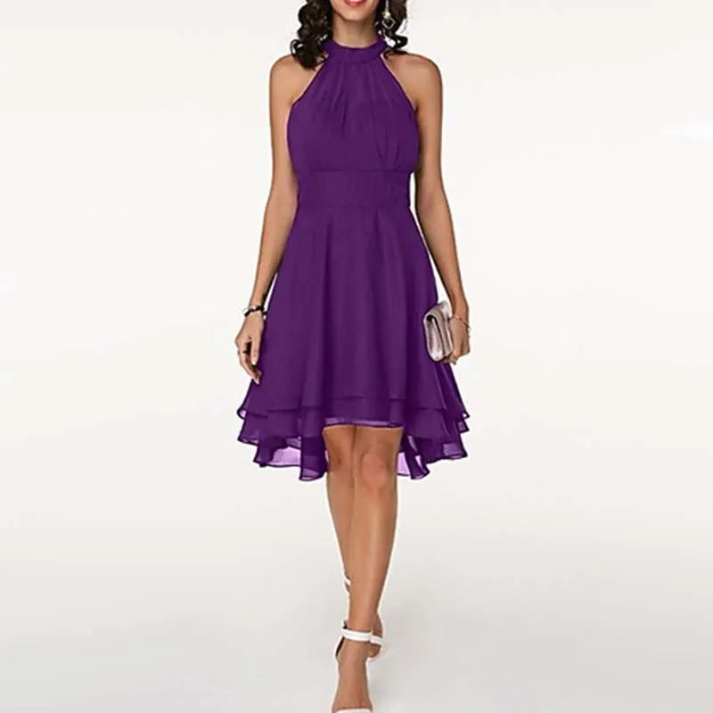Elegant Sleeveless Halter Neck Chiffon Midi Dress for Women