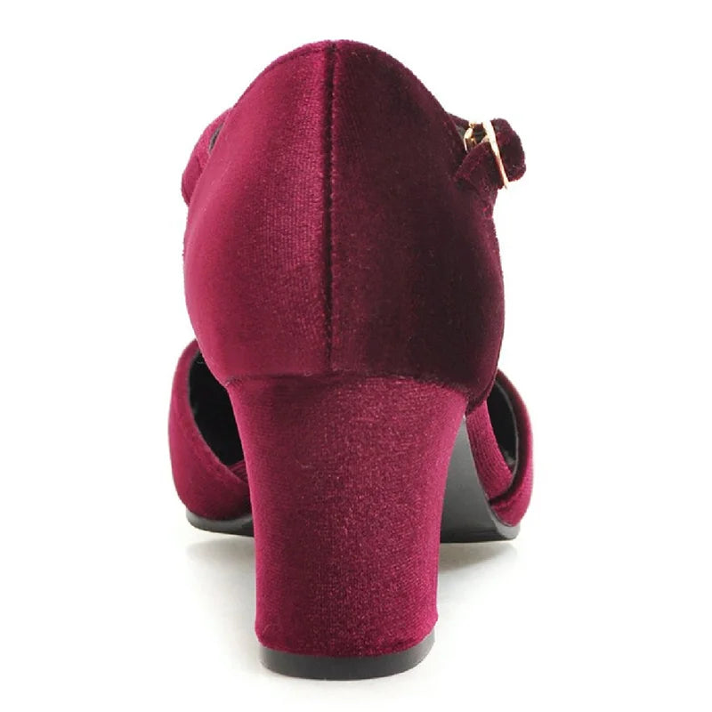 Velvet T Strap Square Heel Mary Janes