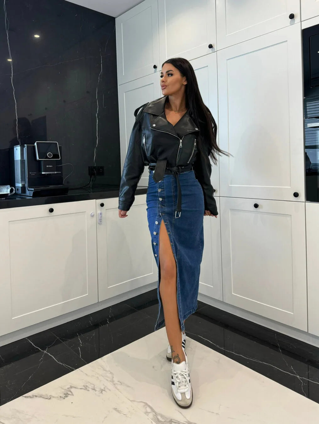 High Waist Retro Button Denim Skirt With Slit for Women