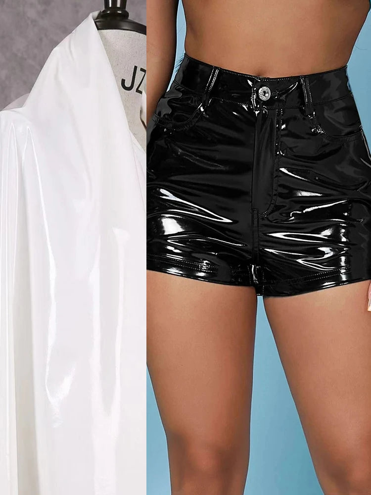 High Waist Shiny Faux Leather Shorts With Side Pockets For Women