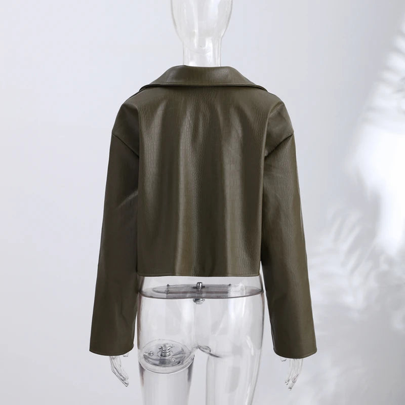 Retro Snake Print Faux Leather Cropped Jacket for Women
