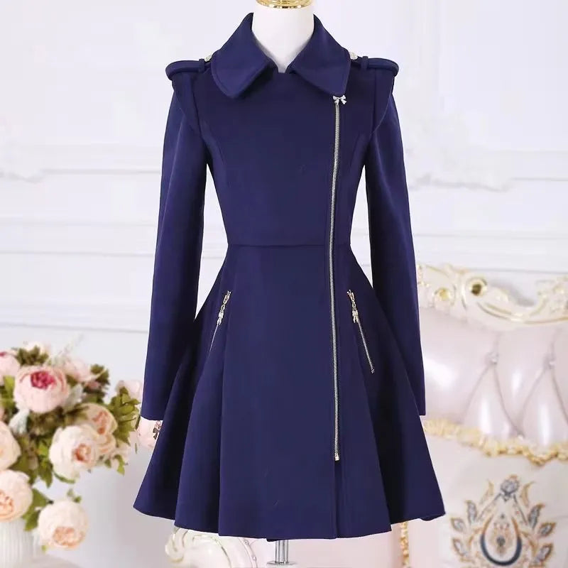 2025 Autumn Winter Clothing Deep Blue Zippered Long Sleeved Woolen Coat Jacket Women, Medium Length Slim Fit Thickened