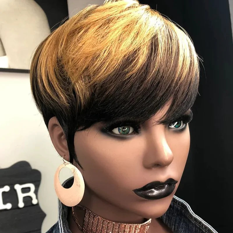 Ombre Honey Blonde Pixie Cut Human Hair Wig for Women