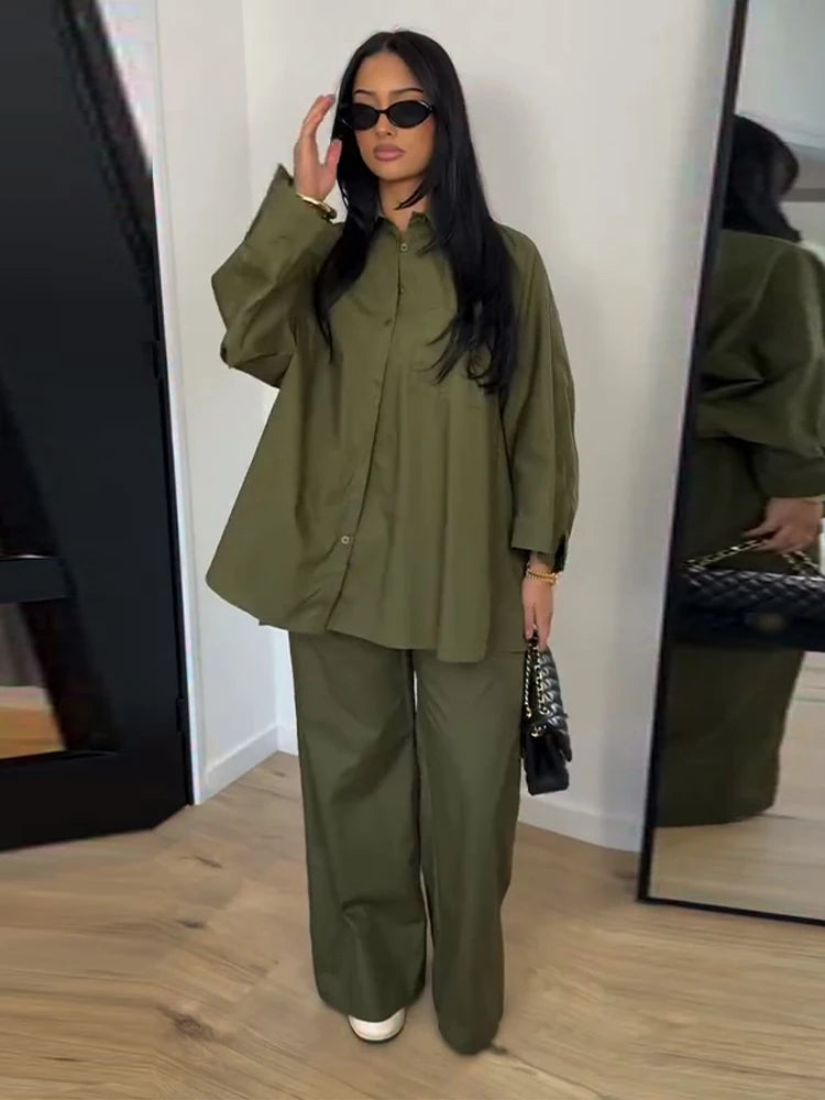 Casual Solid Shirt and Wide Leg Pants Set for Women
